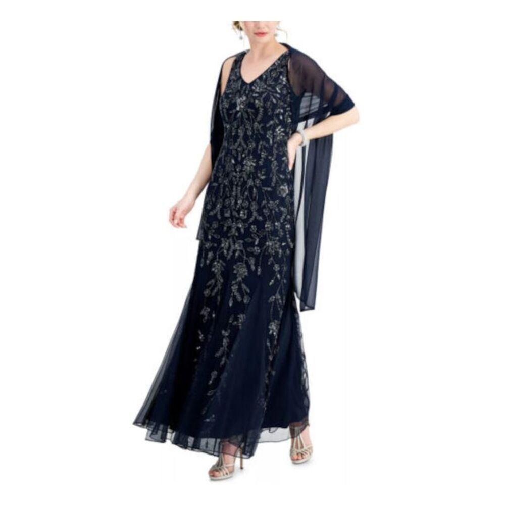 NWT JKARA Womens Navy Scarf Zippered Sleeveless V Neck Maxi Formal Gown Dress 6